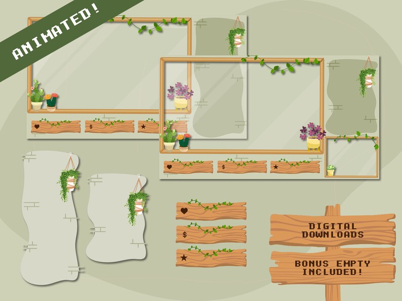 May include: Animated digital download set of wooden frames with hanging plants and vines. Includes three different sizes of frames, three wooden planks with heart, dollar sign, and star icons, and two blank frames with hanging plants. The text "DIGITAL DOWNLOADS BONUS EMPTY INCLUDED!" is on a wooden sign.