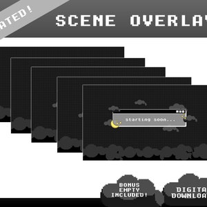 May include: Animated scene overlays with a black background and a pixelated design. The overlays feature a message that says "starting soon..." with a crescent moon and stars. The overlays are ideal for use in video games or other digital projects.