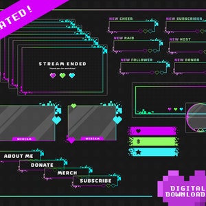 Neon Pixel Hearts Complete Twitch Stream Overlay Pack Animated |Stream Bundle| Stream Overlays |Alerts| Panels| Retro | Geen| Pink | Hearts