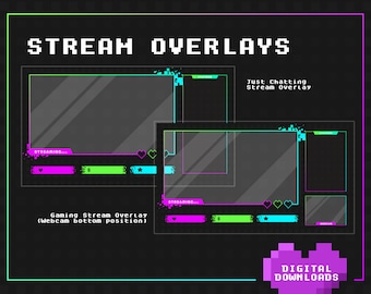 4 x Twitch Streaming Overlays | Neon Pixel Heart | Gaming Overlays | Just Chatting | Game + Cam Bottom | Game + Cam Top |Full Screen Game