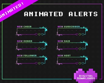Neon Pixel Hearts Twitch Stream Alerts x 6 | New Follower |New Subscriber | New Cheer | New Donor | New Raid | New Host | Retro | Live Game