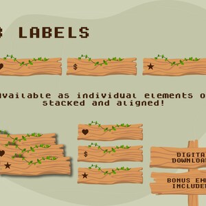 May include: Three wooden labels with vines and icons. The icons are a heart, a dollar sign, and a star. The labels are available as individual elements or stacked and aligned. The text "DIGITAL DOWNLOADS" and "BONUS EMPTY INCLUDED!" is also included.