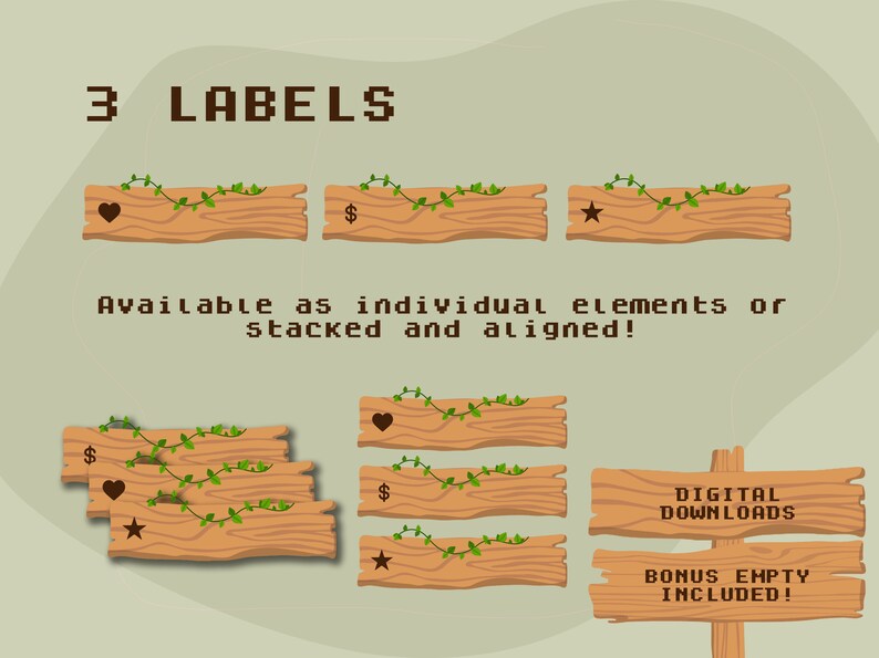 May include: Three wooden labels with vines and icons. The icons are a heart, a dollar sign, and a star. The labels are available as individual elements or stacked and aligned. The text "DIGITAL DOWNLOADS" and "BONUS EMPTY INCLUDED!" is also included.