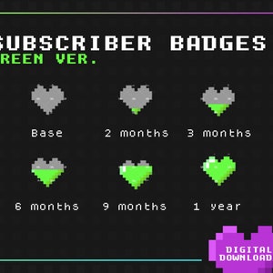 Sub / Bit Badges For Twitch or YouTube x 6 | Green Heart | Retro | Video Game| Empty Heart | Full Heart |Pixels| Bit Badge| Sub Badge|