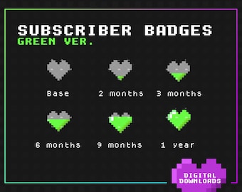 Sub / Bit Badges For Twitch or YouTube x 6 | Green Heart | Retro | Video Game| Empty Heart | Full Heart |Pixels| Bit Badge| Sub Badge|