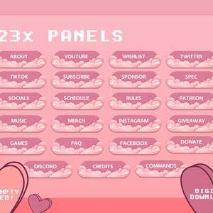 Puede incluir: Un conjunto de 23 paneles de Twitch en forma de nube rosa y blanca con etiquetas de texto como "Acerca de", "YouTube", "Lista de deseos", "Twitter", "TikTok", "Suscribirse", "Patrocinador", "Spec", "Redes sociales", "Programación", "Reglas", "Patreon", "Música", "Mercancía", "Instagram", "Sorteo", "Juegos", "Preguntas frecuentes", "Facebook", "Donar", "Discord", "Créditos" y "Comandos". El texto "¡Bonus vacío incluido!" y "Descargas digitales" también se incluye en la imagen.