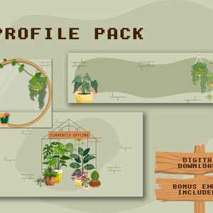Könnte beinhalten: Ein digitales Download-Paket mit Profilbannern, die verschiedene grüne Pflanzen in Töpfen und an der Decke hängen zeigen. Die Banner haben einen Hintergrund aus Ziegelmauer und der Text "Derzeit offline" und "Digitale Downloads Bonus leer enthalten!" ist enthalten.