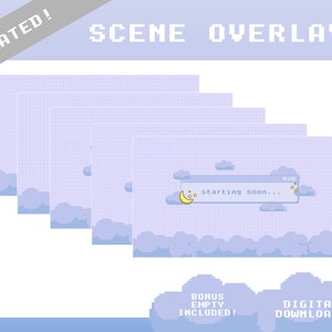 May include: Animated scene overlays with a pixelated design. The overlays feature a light blue background with white clouds and a yellow crescent moon. The text "starting soon..." is displayed in a blue box with a white border.