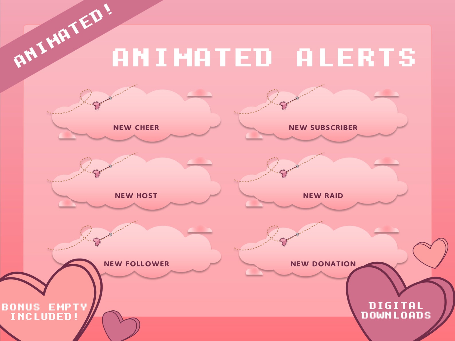 Pink Raid Alert Cupid's Arrow Pink Cloud Alerts X 6 | New Follower | Subscriber | Cheer ...