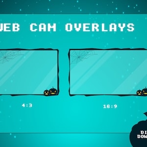 May include: Two Halloween themed webcam overlays with a blue-green background. The overlays are in 4:3 and 16:9 aspect ratios. Each overlay features a spider web and two black pumpkins with yellow eyes. The text "WEB CAM OVERLAYS" is at the top of the image.
