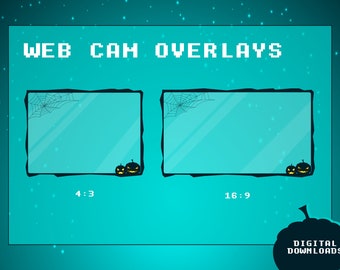 May include: Two Halloween themed webcam overlays with a blue-green background. The overlays are in 4:3 and 16:9 aspect ratios. Each overlay features a spider web and two black pumpkins with yellow eyes. The text "WEB CAM OVERLAYS" is at the top of the image.