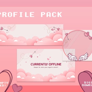 Puede incluir: Un paquete de perfil rosa y blanco con un diseño de nubes y corazones. El paquete incluye una pancarta, un marco de imagen de perfil y una pancarta de 'actualmente fuera de línea'. También se incluye el texto '¡Bono vacío incluido!' y 'Descargas digitales'.