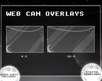 May include: Two digital webcam overlays featuring a crescent moon and stars design. The overlays are in 4:3 and 16:9 aspect ratios. The text "WEB CAM OVERLAYS" is at the top of the image. The text "BONUS EMPTY INCLUDED!" is at the bottom left of the image. The text "DIGITAL DOWNLOADS" is at the bottom right of the image.