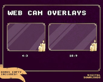 Könnte beinhalten: Zwei digitale Webcam-Overlays mit Kerzen auf einem violetten Hintergrund. Die Overlays haben die Seitenverhältnisse 4:3 und 16:9. Der Text "WEB CAM OVERLAYS" befindet sich oben im Bild. Der Text "BONUS EMPTY INCLUDED!" befindet sich unten links im Bild. Der Text "DIGITAL DOWNLOADS" befindet sich unten rechts im Bild.