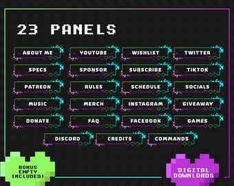 Twitch Panels x 23 Neon Pixel Heart Theme + Empty| |Twitch Profile Panels | Aesthetic | Retro| Green| Pink