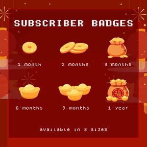 Badge Sub/Bit per Twitch e YouTube x 6 / Capodanno cinese / Fortuna / Monete / Iscritti / Money Bag / CNY / Anno lunare / Festa di primavera