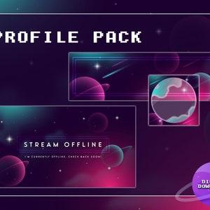 May include: A digital download pack of Twitch profile banners and stream offline screens featuring a space theme with planets, stars, and a gradient background in shades of pink, purple, and blue. The text "PROFILE PACK" is in white pixelated font. The text "STREAM OFFLINE" is in white with the text "I'M CURRENTLY OFFLINE. CHECK BACK SOON!" in smaller white text below. The text "DIGITAL DOWNLOADS" is in white on a purple circle.