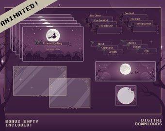 May include: Animated Halloween-themed Twitch stream overlays with a purple background and a full moon. The overlays include a stream ending screen, a chat notification screen, and a panel with links to about, commands, credits, discord, donate, and FAQ.