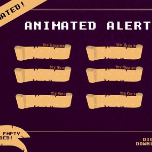 May include: Animated alerts for Twitch or YouTube streams.  The image shows six animated scroll banners with text that reads "New Subscriber", "New Follower", "New Donation", "New Raid", "New Host", and "New Cheer".