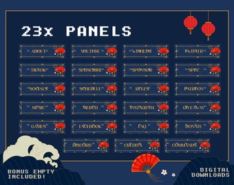 Twitch Panels x 23 Chinese New Year Themed + Empty | |Twitch Profile Panels | Spring Festival | Lunar New Year | Folding Fans | CNY | Blue