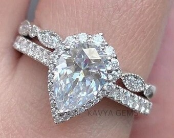 3 TCW Pear Moissanite Engagement Ring Set,  Wedding Ring Set, Bridal Set, Anniversary Ring Set, Dainty Rings ,Band with ring