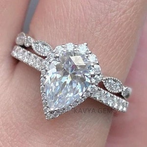 3 TCW Pear Moissanite Engagement Ring Set,  Wedding Ring Set, Bridal Set, Anniversary Ring Set, Dainty Rings ,Band with ring