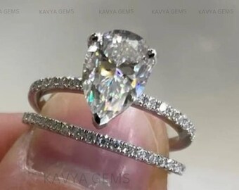 Pear Moissanite Engagement Ring Set,  Wedding Ring Set, Bridal Set, Anniversary Ring Set, Dainty Rings, Band with ring
