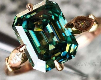 5CT Emerald Brilliant Cut Dark Green Blue Color Moissanite Engagement Ring, Wedding Ring ,Ring for Women, Anniversary Gift, Promise Ring