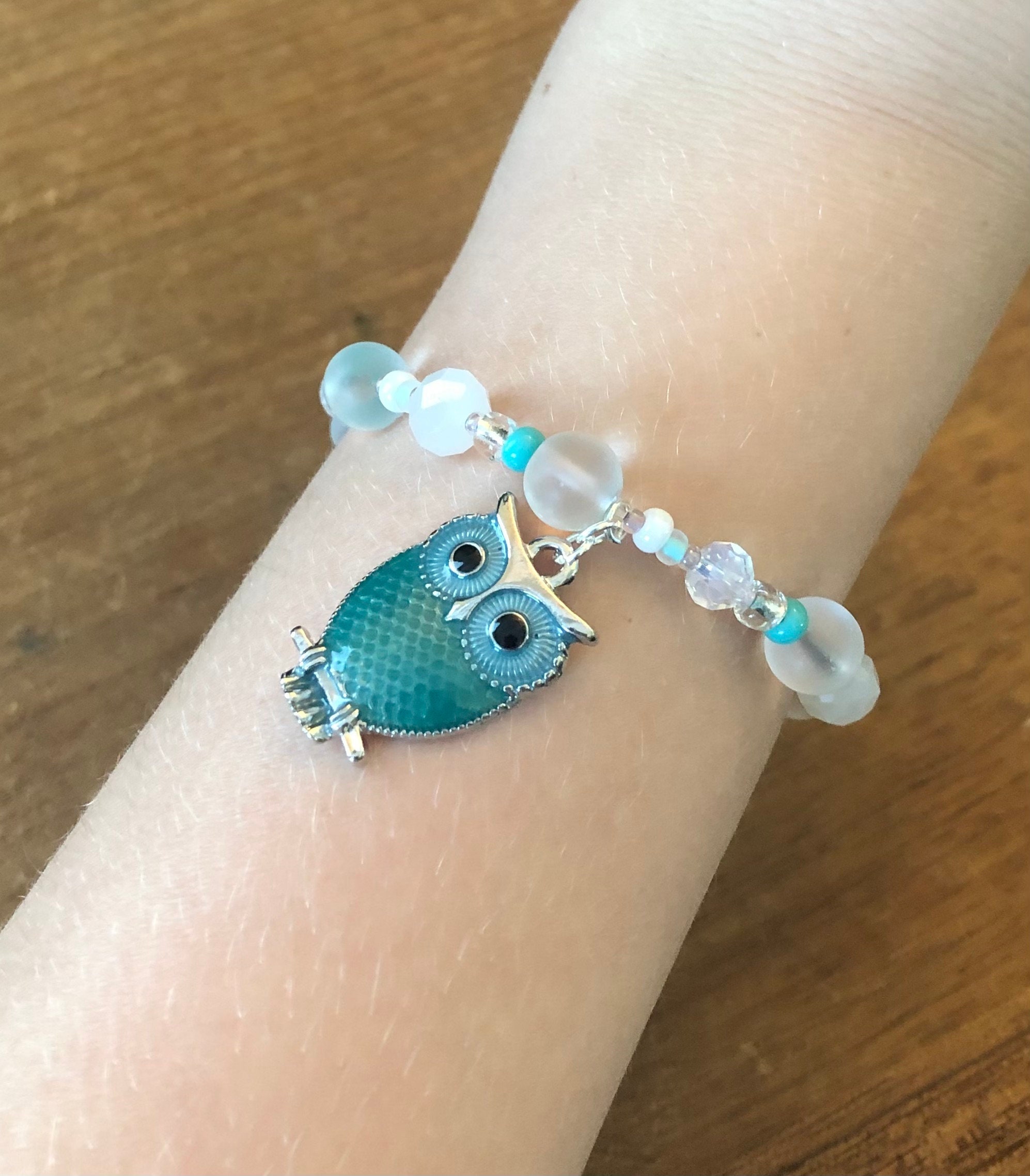 Handmade Beaded Owl Charm Bracelet 052