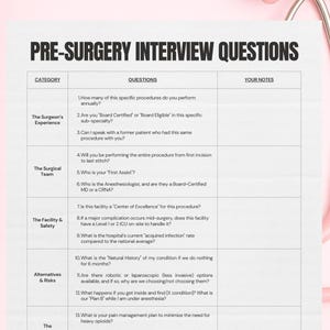 May include: A pre-surgery interview questions document with a pink stethoscope. The document lists questions about the surgeon's experience, surgical team, facility, risks, anesthesia, and recovery. The stethoscope is pink.