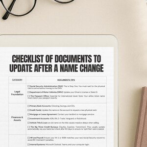 May include: A digital tablet displays a checklist titled "CHECKLIST OF DOCUMENTS TO UPDATE AFTER A NAME CHANGE." The list is organized by category, including Legal Foundation, Finances & Assets, Employment & Profession, and Health & Wellness. A pen and glasses are visible.