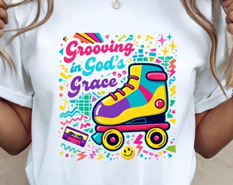 Grooving in God’s Grace Retro Tee, 90s Rollerblade Christian Shirt, Vintage Faith Graphic T-Shirt, Inspirational Spiritual Gift