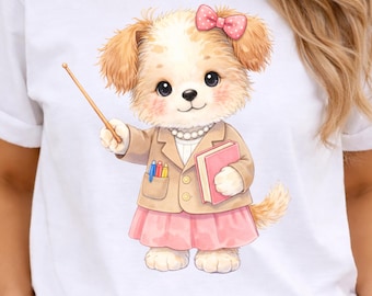 Cute Female Professor Puppy PNG| Girl Dog Teacher with Pink Bow, Pearls & Skirt| Back to School Art, Nursery Decor, Classroom Teacher