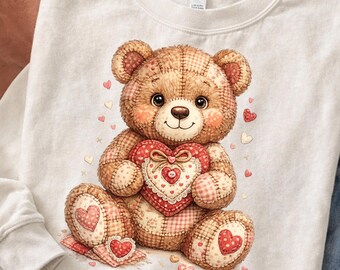 Valentine Teddy Bear Clipart | Patchwork Heart PNG (Digital Download