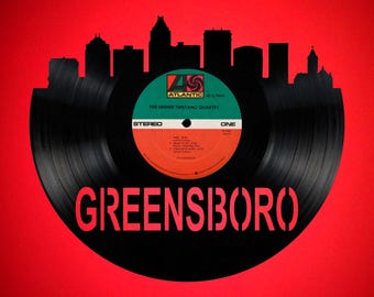 Greensboro North Carolina Skyline Vinyl record art cut from a actual vinyl record clock