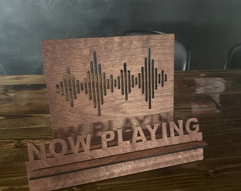 Vinyl record album stand now spinning now playing tabletop sound wave