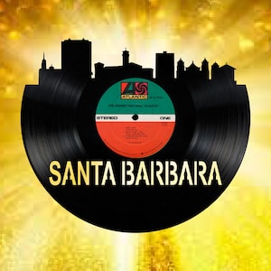 Carte d'art pour disque vinyle Santa Barbara California Skyline découpée à partir d'une véritable horloge disque vinyle