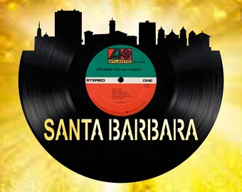 Santa Barbara California Skyline Vinyl record art cut from a actual vinyl record clock