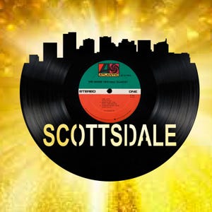 Scottsdale Arizona Skyline Vinyl record art cut from a actual vinyl record clock