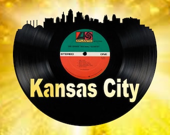 Kansas city Missouri Skyline Vinyl record art cut from a actual vinyl record clock