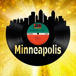Minneapolis Minnesota Skyline Vinyl record art cut from a actual vinyl record clock