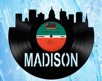 Madison Wisconsin Skyline Vinyl record art cut from a actual vinyl record