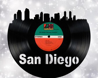San Diego California Skyline Vinyl record art cut from a actual vinyl record clock