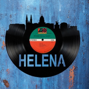 Carte d'art pour disque vinyle Helena Montana Skyline découpée à partir d'une véritable horloge disque vinyle