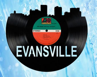 Evansville Indiana Skyline Vinyl record art cut from a actual vinyl record clock