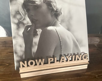 Vinyl record album stand now spinning now playing tabletop blank back
