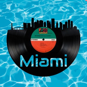 Miami Florida Skyline Vinyl record art cut from a actual vinyl record clock