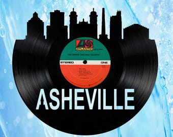 Asheville North Carolina Skyline Vinyl record art cut from a actual vinyl record clock