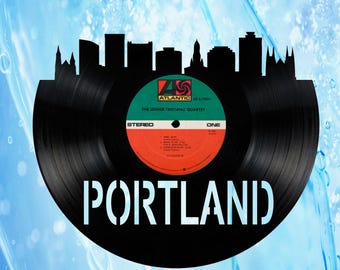 Portland Maine Skyline Vinyl record art cut from a actual vinyl record clock