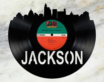 Jackson Mississippi Skyline Vinyl record art cut from a actual vinyl record clock